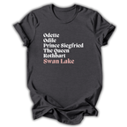 Black t-shirt with white and pink Swan Lake Cast text on a white background