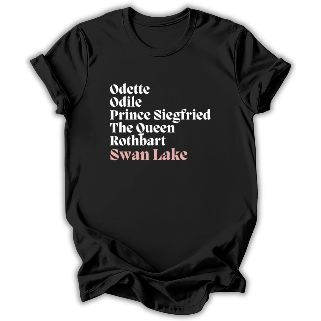 Black t-shirt with text in white and pink Swan Lake Cast on a white background