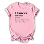Pink t-shirt with black text definition of a dancer on a white background