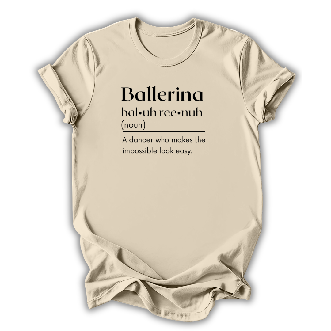 Beige t-shirt with 'Ballerina' definition text on a white background