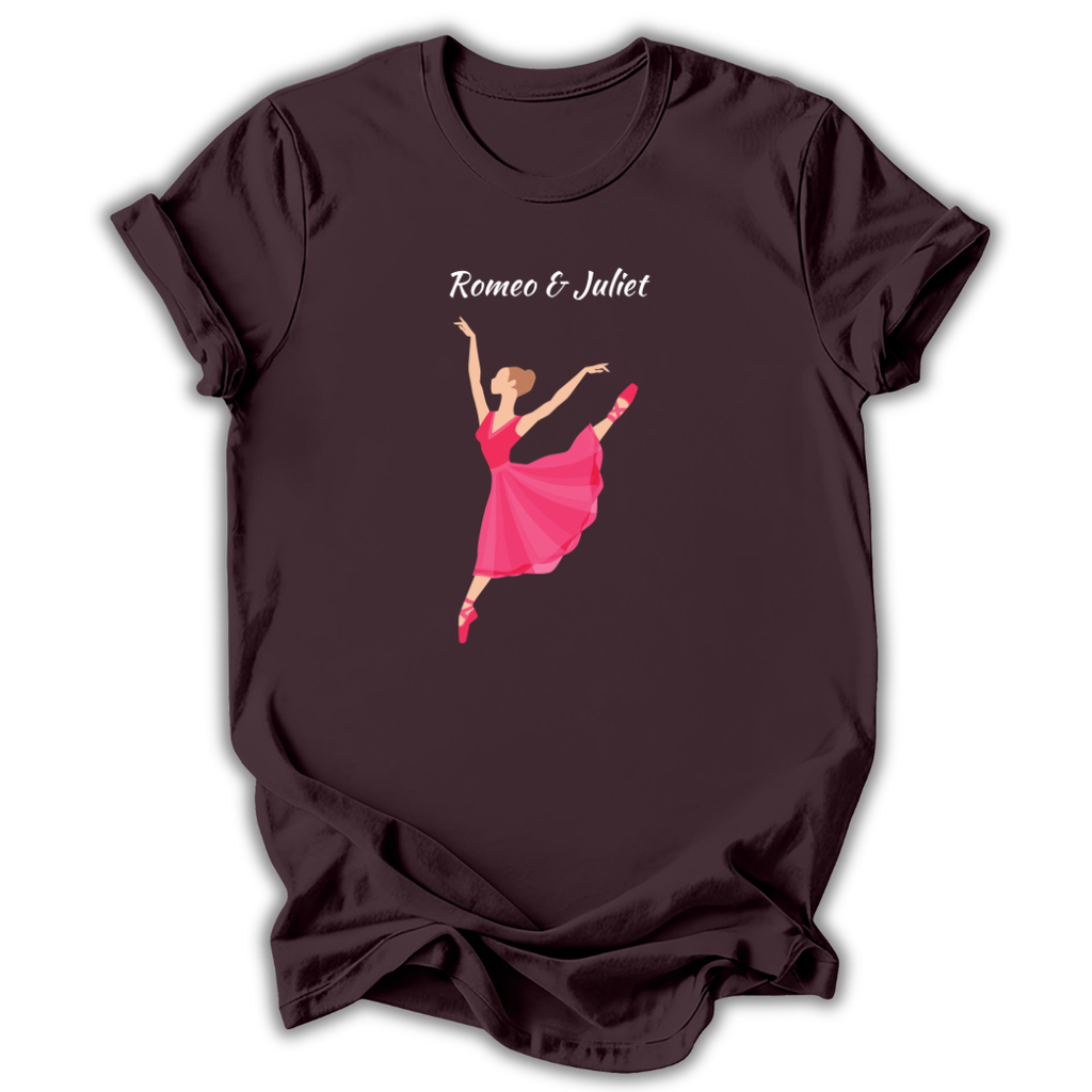 Brown t-shirt with a graphic of a ballerina in a pink dress and 'Romeo & Juliet' text.