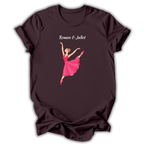 Brown t-shirt with a graphic of a ballerina in a pink dress and 'Romeo & Juliet' text.