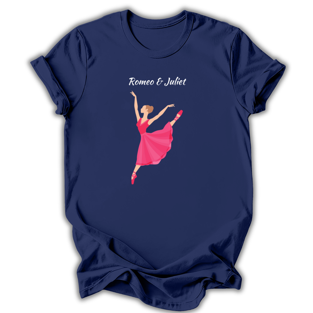 Navy blue t-shirt with a ballerina design and 'Romeo & Juliet' text on a white background