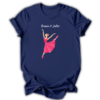 Navy blue t-shirt with a ballerina design and 'Romeo & Juliet' text on a white background