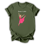 Green t-shirt with a graphic of a dancer in a pink dress and 'Romeo & Juliet' text on a white background