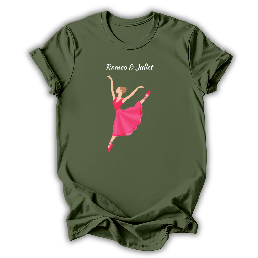 Green t-shirt with a graphic of a dancer in a pink dress and 'Romeo & Juliet' text on a white background