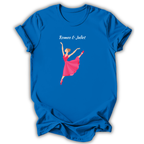 Blue t-shirt with a graphic of a dancer in a pink dress and 'Romeo & Juliet' text on a white background