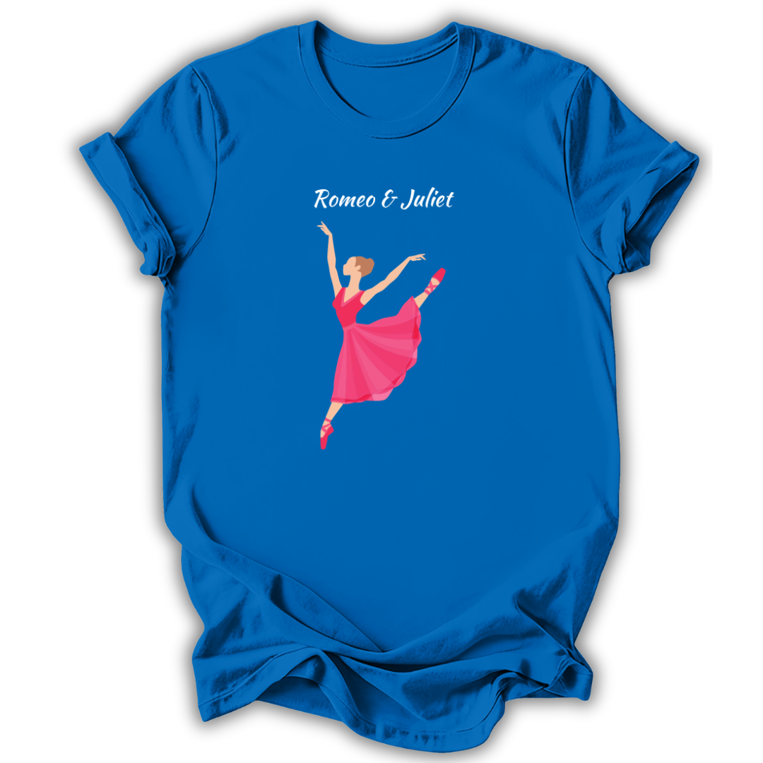 Blue t-shirt with a graphic of a dancer in a pink dress and 'Romeo & Juliet' text on a white background