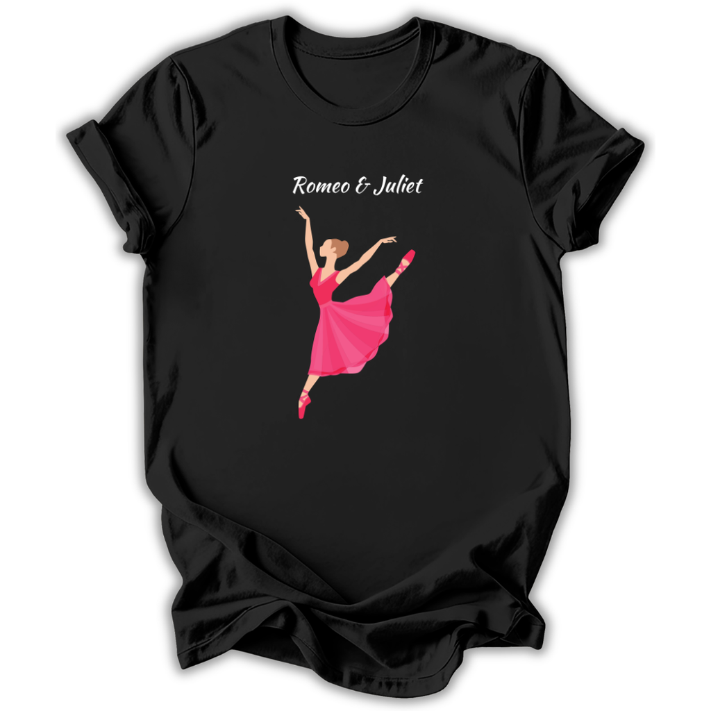 Black t-shirt with a graphic of a ballerina in a pink dress and 'Romeo & Juliet' text on a white background