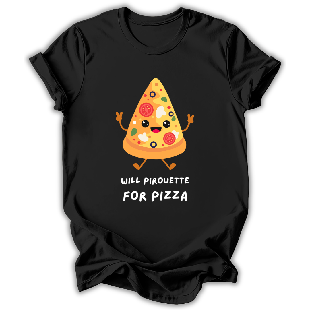Black t-shirt with a pizza design and text on a white background