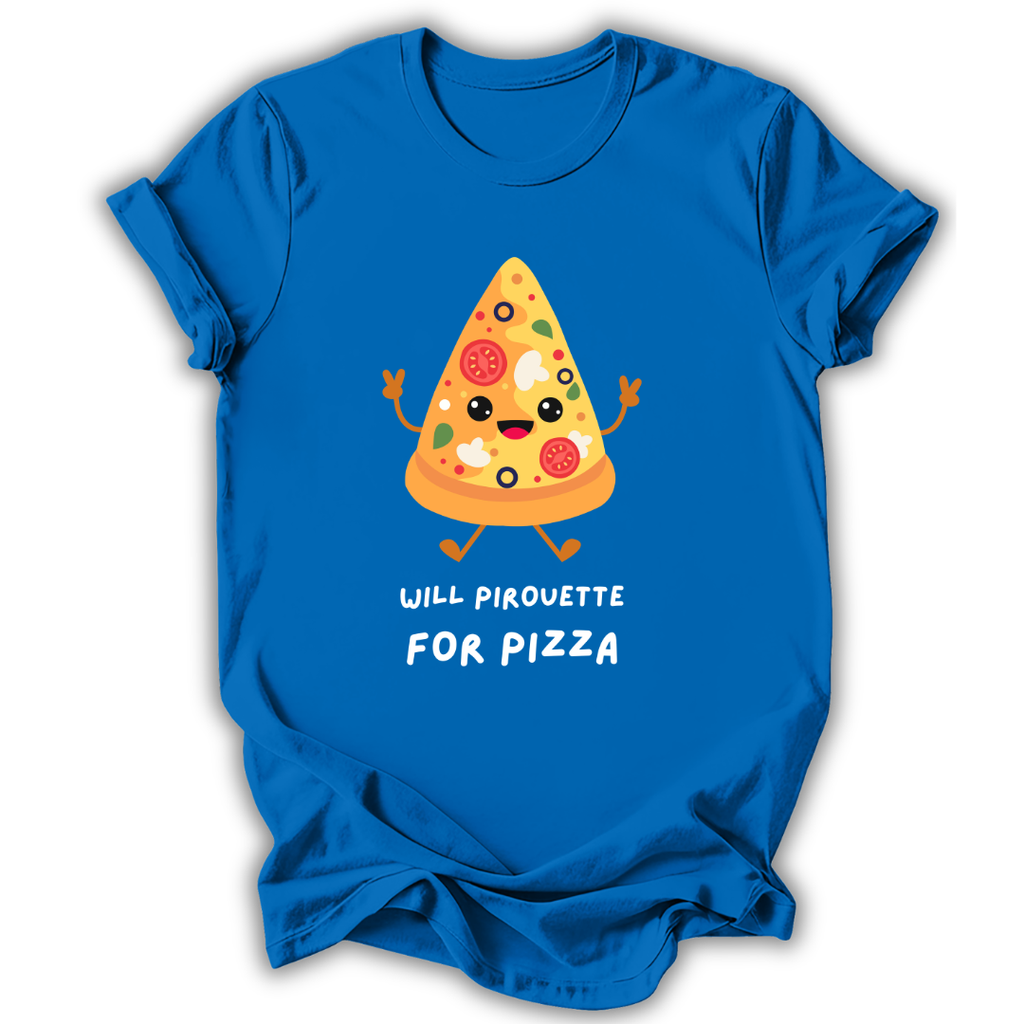 Blue t-shirt with a cartoon pizza slice design and text on a white background