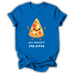 Blue t-shirt with a cartoon pizza slice design and text on a white background