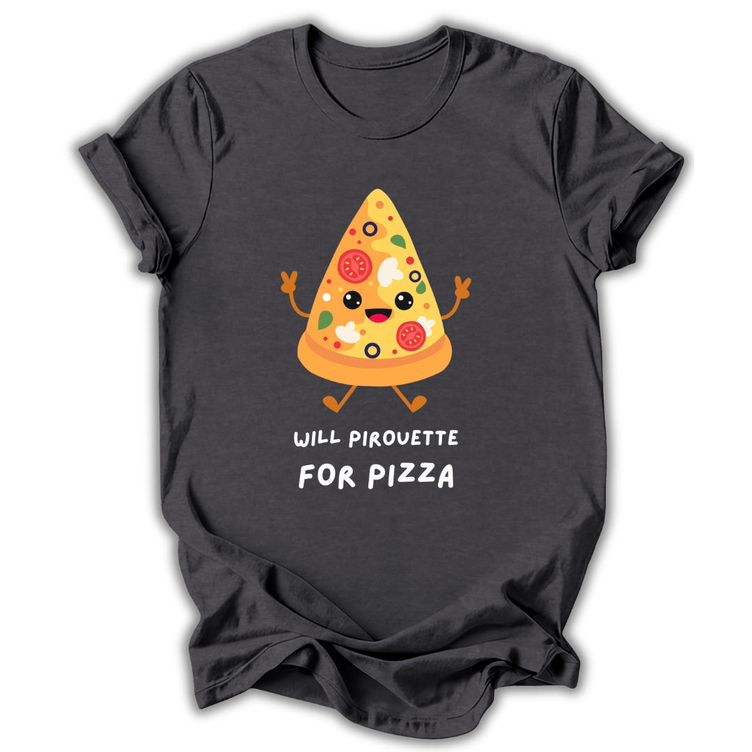 Black t-shirt with a cartoon pizza design and text on a white background