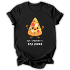 Black t-shirt with a pizza design and text on a white background