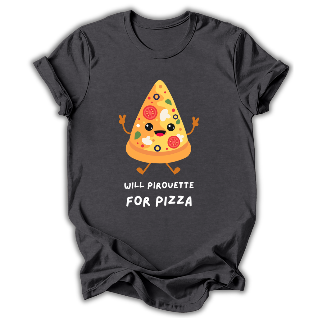 Black t-shirt with a cartoon pizza design and text on a white background