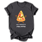 Black t-shirt with a cartoon pizza design and text on a white background