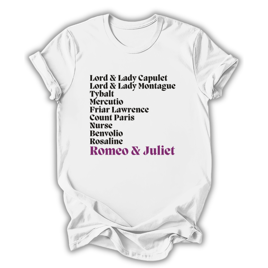 White t-shirt with 'Romeo & Juliet' character names printed in black and purple on a white background.