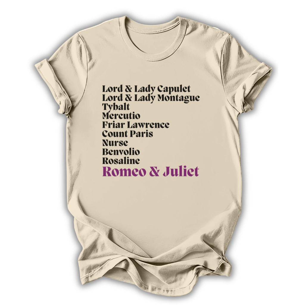 Beige t-shirt with 'Romeo & Juliet' character names printed on it.