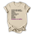 Beige t-shirt with 'Romeo & Juliet' character names printed on it.