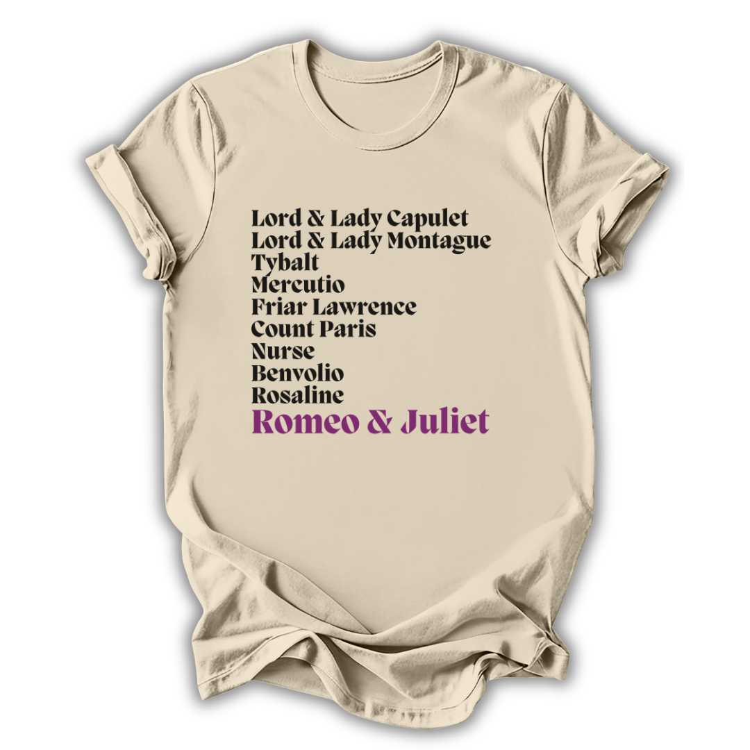 Beige t-shirt with 'Romeo & Juliet' character names printed on it.