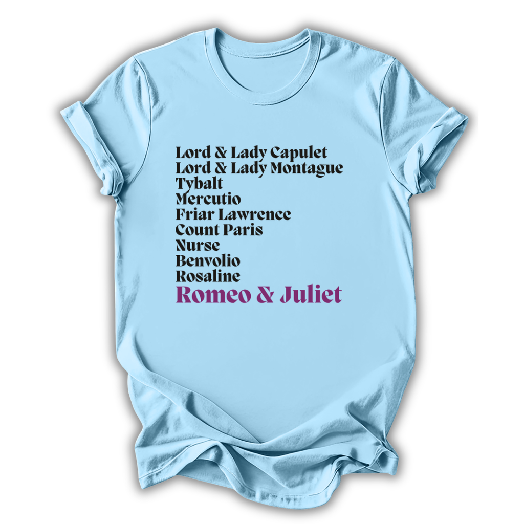 Light blue t-shirt with 'Romeo & Juliet' character names printed on a white background