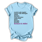 Light blue t-shirt with 'Romeo & Juliet' character names printed on a white background