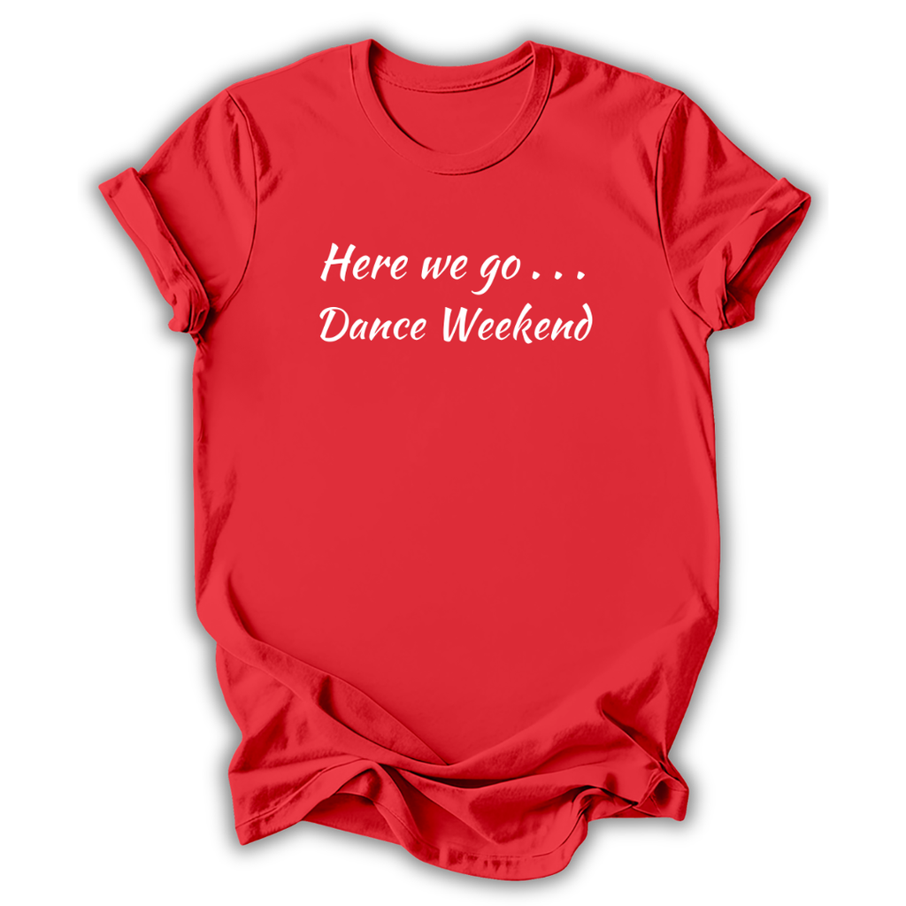 Red t-shirt with 'dancey life' text on a white background