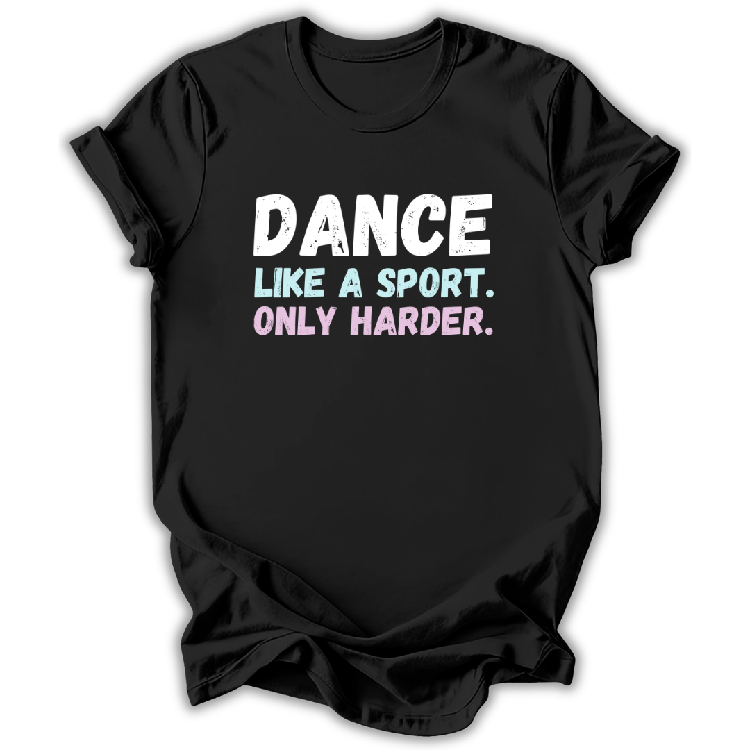 Black t-shirt with white text 'I'm that legendary dance teacher everyone is talking about' on a white background