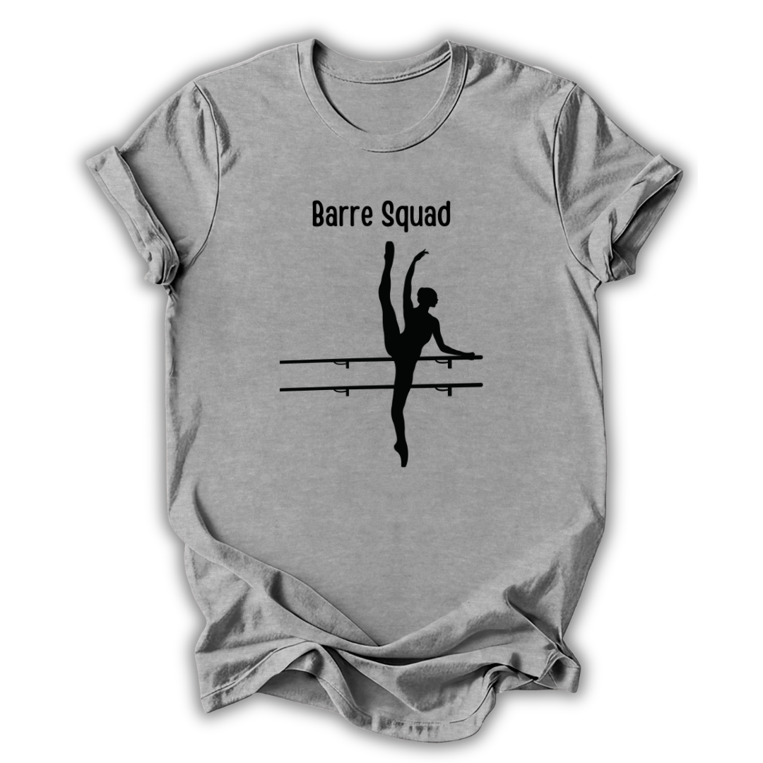 Gray t-shirt with 'Barre Squad' text and ballet dancer silhouette on a white background
