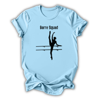 Light blue t-shirt with 'Barre Squad' design featuring a dancer silhouette on a white background