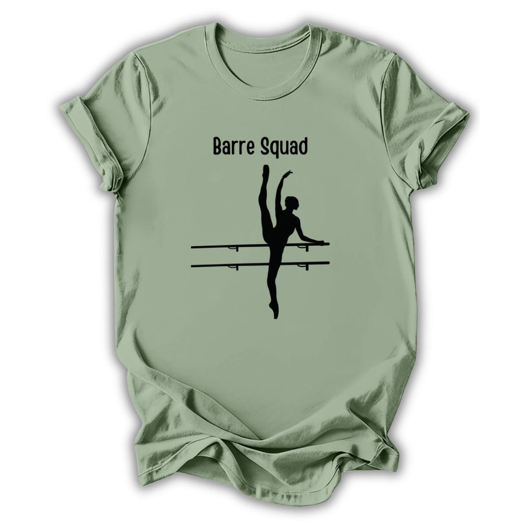Light green t-shirt with 'Barre Squad' design featuring a dancer silhouette and parallel bars on a white background.