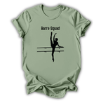 Light green t-shirt with 'Barre Squad' design featuring a dancer silhouette and parallel bars on a white background.