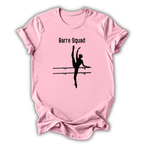Pink t-shirt with 'Barre Squad' and barre silhouette design on a white background