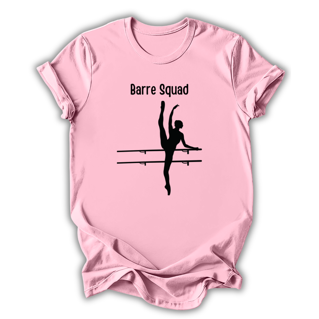 Pink t-shirt with 'Barre Squad' and barre silhouette design on a white background