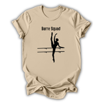 Beige t-shirt with 'Barre Squad' design featuring a dancer silhouette and barre on a white background.