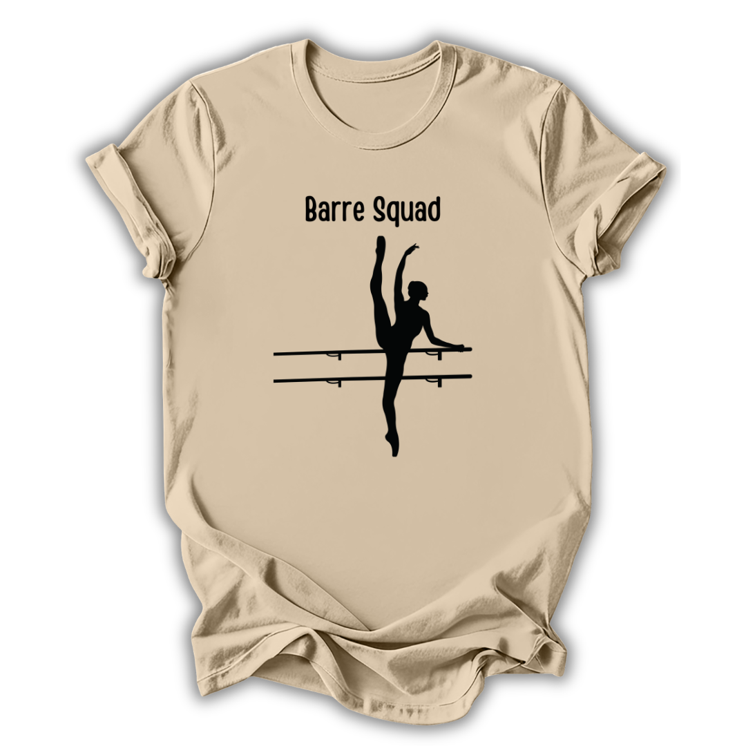 Beige t-shirt with 'Barre Squad' design featuring a dancer silhouette and barre on a white background.