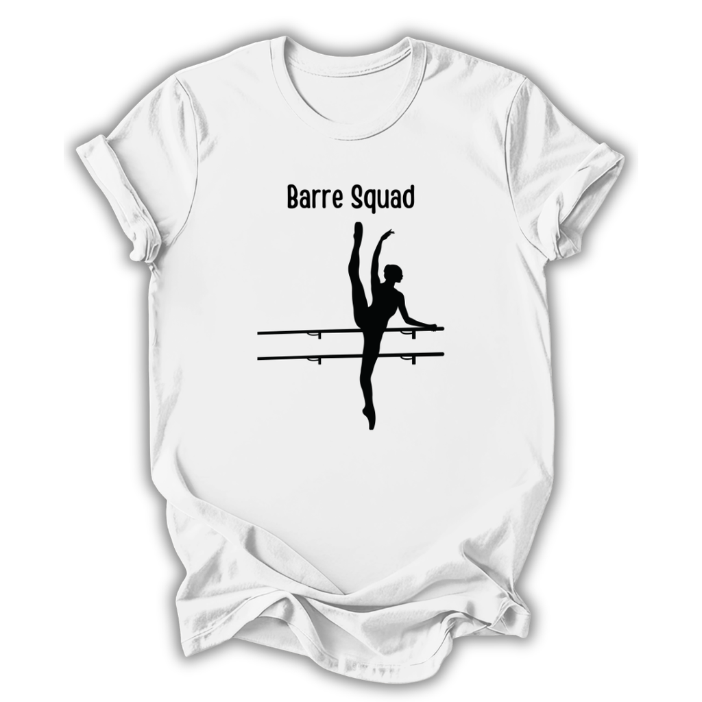 White t-shirt with 'Barre Squad' design featuring a dancer silhouette on a white background