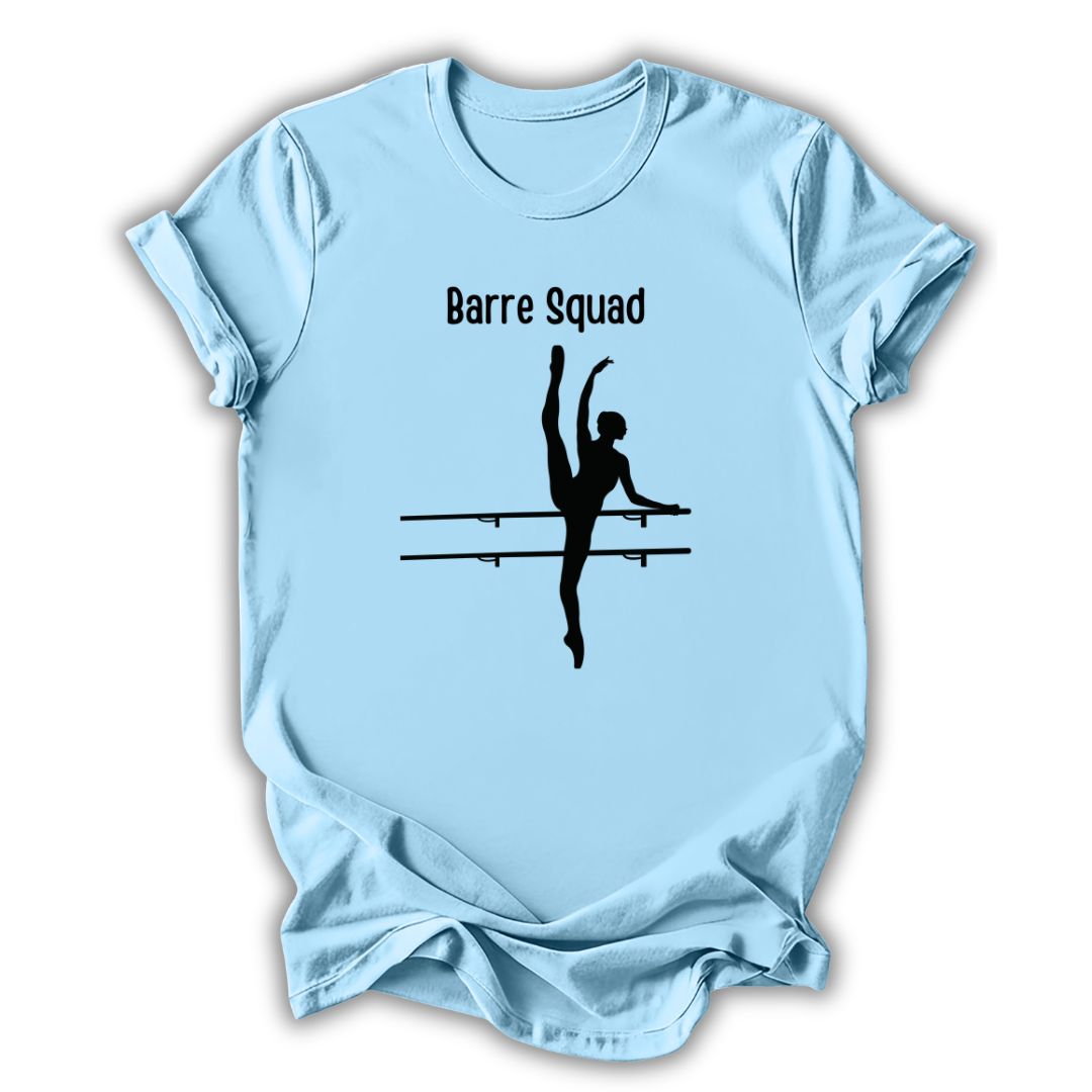 Light blue t-shirt with 'Barre Squad' design featuring a dancer silhouette on a white background