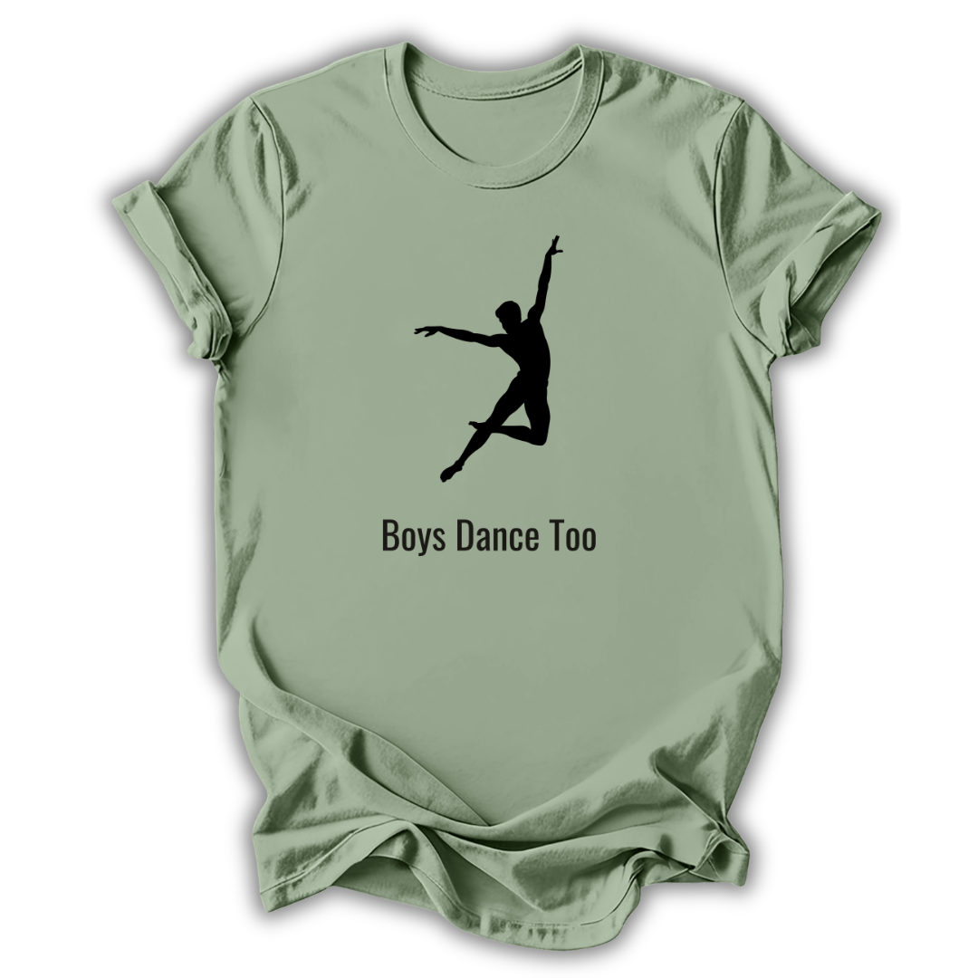 Light green t-shirt with a black silhouette of a dancer and 'Boys Dance Too' text on a white background