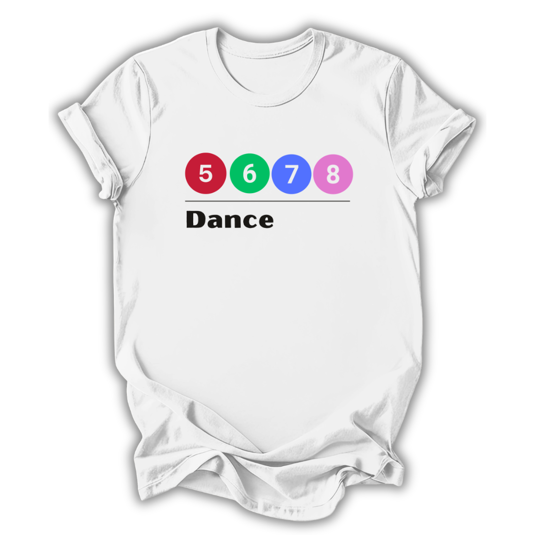White t-shirt with colorful numbers and the word 'Dance' on a white background