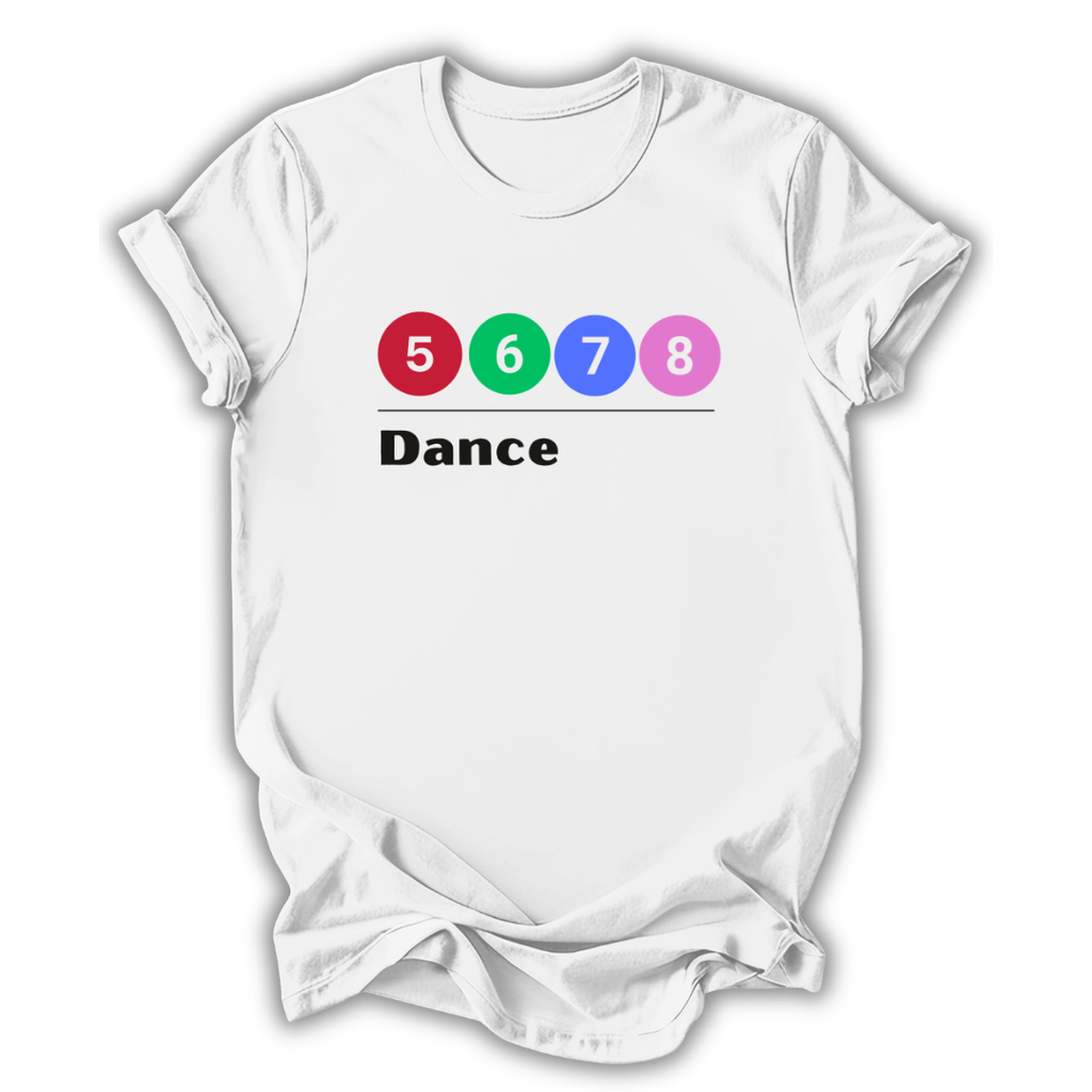 White t-shirt with colorful numbers and the word 'Dance' on a white background