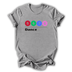 Gray t-shirt with colorful numbers and the word 'Dance' on a white background