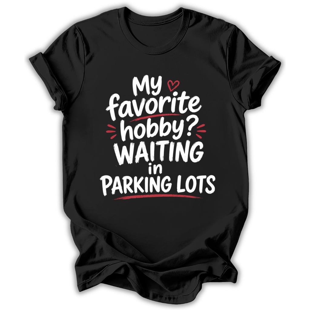 Black t-shirt with humorous text design on a white background