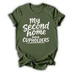 Green t-shirt with white text 'My Second Home has Cupholders' on a white background