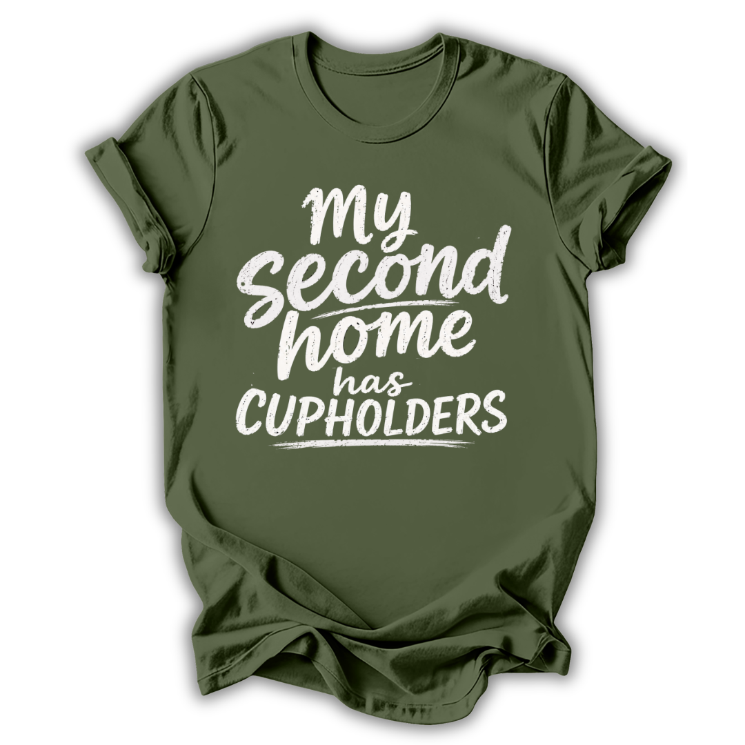 Green t-shirt with white text 'My Second Home has Cupholders' on a white background