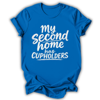Blue t-shirt with white text 'My Second Home has Cupholders' on a white background