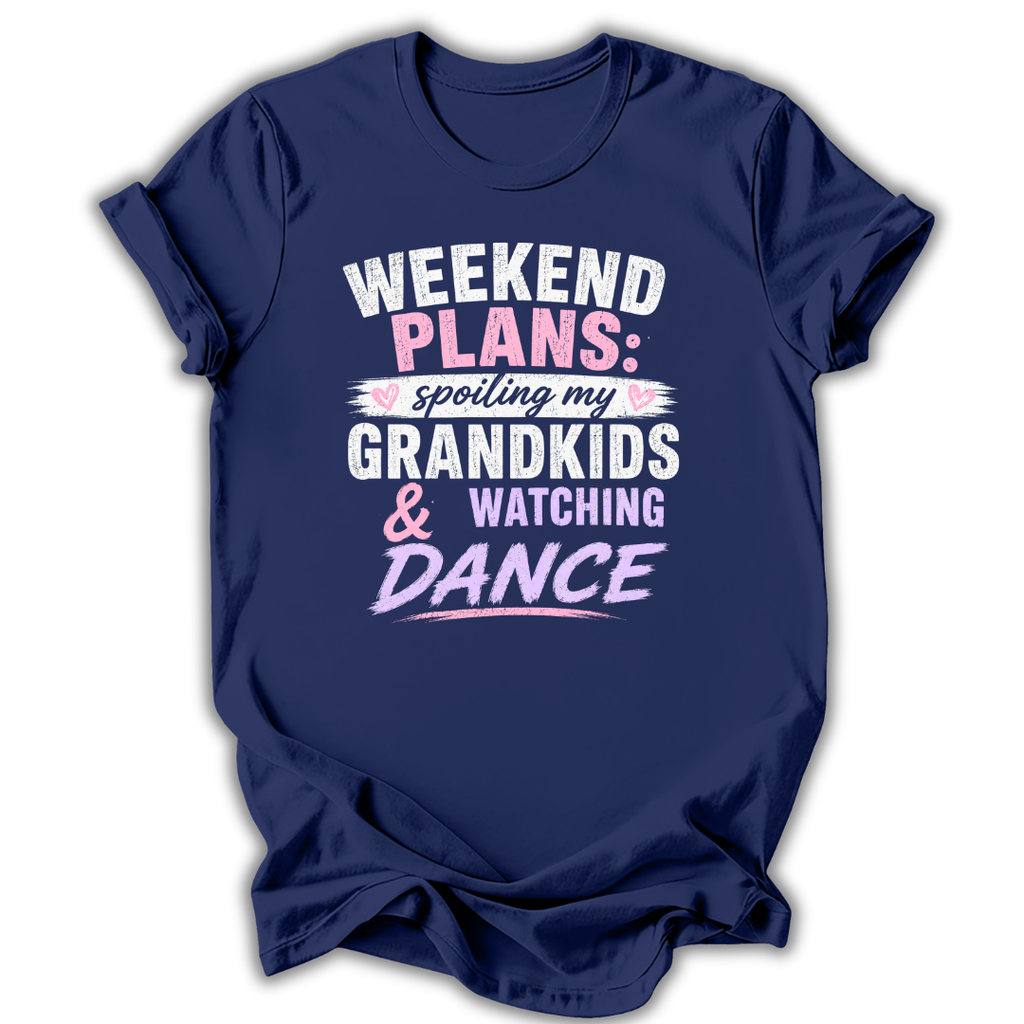 Navy blue t-shirt with white and pink text on a white background