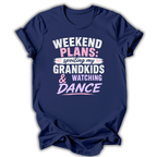 Navy blue t-shirt with white and pink text on a white background