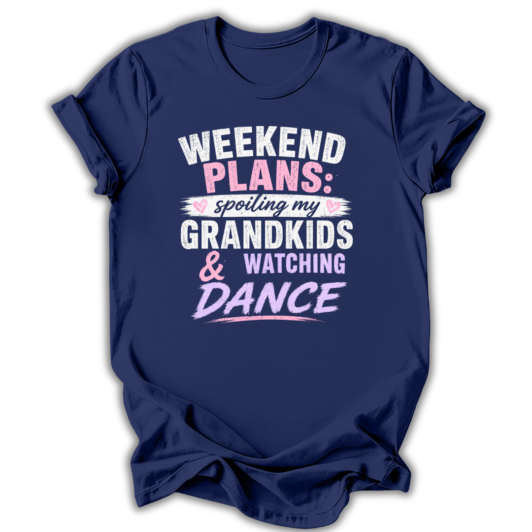 Navy blue t-shirt with white and pink text on a white background