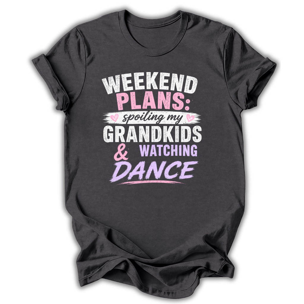 Black t-shirt with 'Weekend Plans' text design on a white background